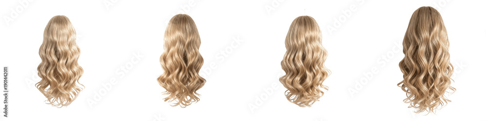 Fototapeta premium Set of Four Long Blonde Wavy Hair Swatches for Professional Salon Hair Extensions Isolated on White Background