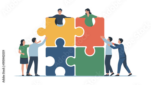 A group of diverse people working together to assemble a large puzzle with colorful pieces