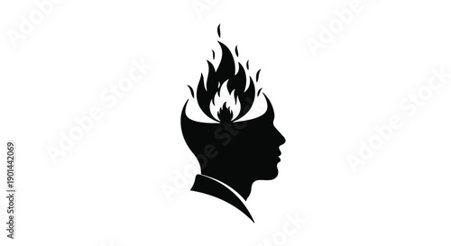 Silhouette of a person's head with flames rising from it