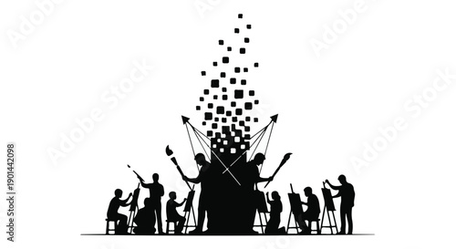 Silhouette of diverse group celebrating with confetti and balloons