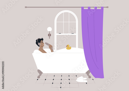 In a cozy bathroom, a person enjoys a blissful moment, singing with delight in a shower head, while soaking in a luxurious bathtub surrounded by soft colors and gentle lighting.