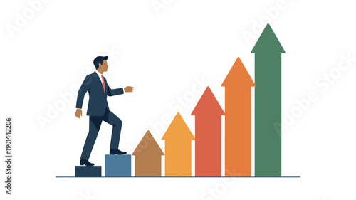A businessman in a suit stepping up on a block with colorful ascending arrows behind him, symbolizing growth and success.