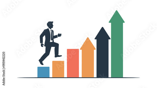 A businessman in a suit is running up a colorful bar graph with increasing arrows