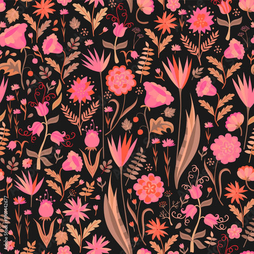 Floral seamless pattern with pink flowers on black background. Beautiful prin...