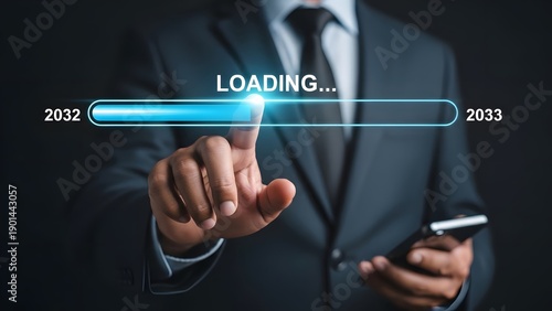 Businessman in a suit activating a futuristic loading bar between 2032 and 2033