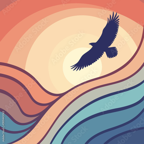 A majestic black bird soars above a vibrant landscape of rolling hills and calm waters