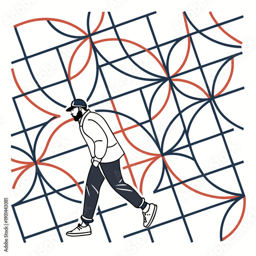 A person navigating through a complex network of interconnected lines and nodes.