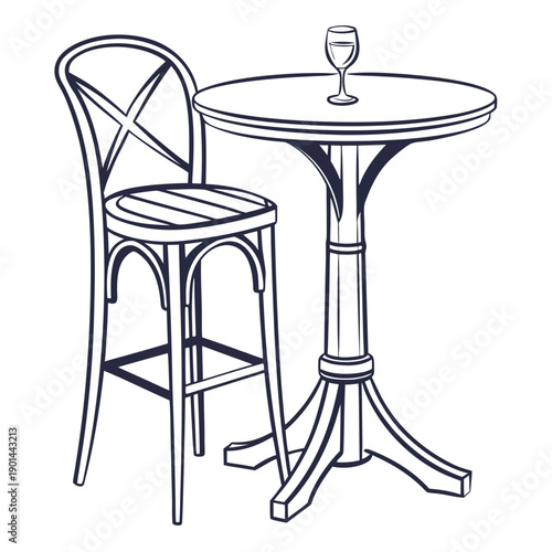 A stylish high table with a matching bar stool and a glass of wine