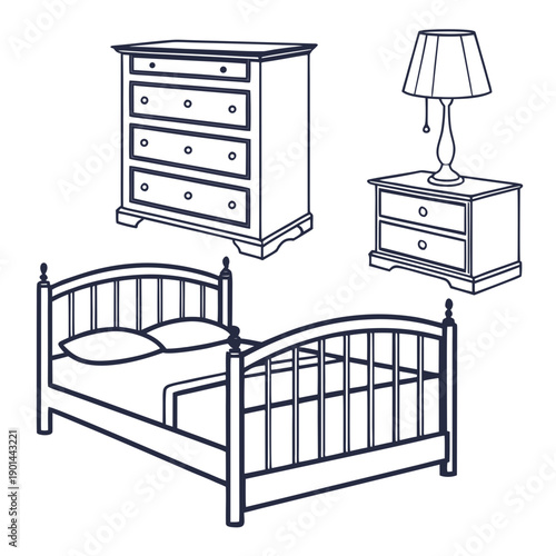 A cozy bedroom with a bed, dresser, nightstand, and lamp.