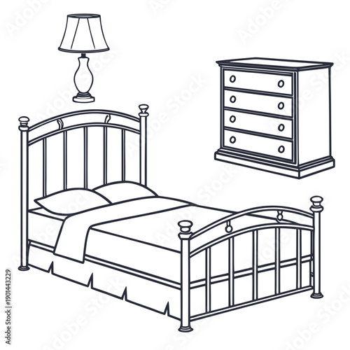 A cozy bedroom with a wooden bed, dresser, and a bedside lamp.