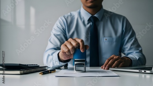 Businessman using a rubber stamp on documents at a modern office desk