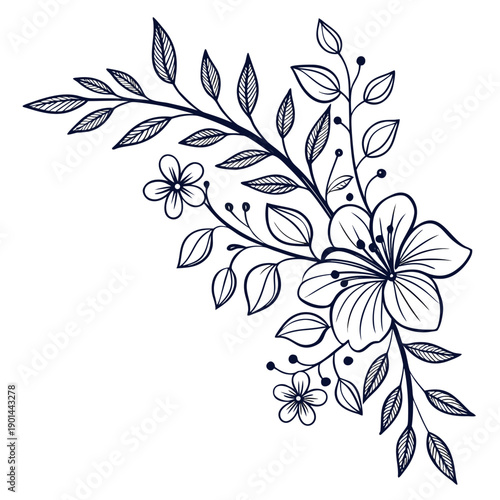 An intricate black and white line drawing of a floral arrangement with leaves and flowers
