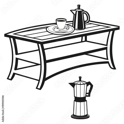 A coffee table with a kettle and a cup of coffee on it, with a coffee maker below.