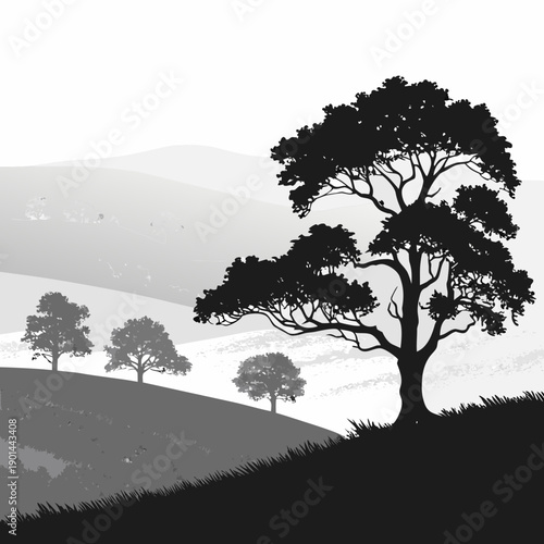 Silhouettes of trees on a hillside during a sunset with a calm sky.