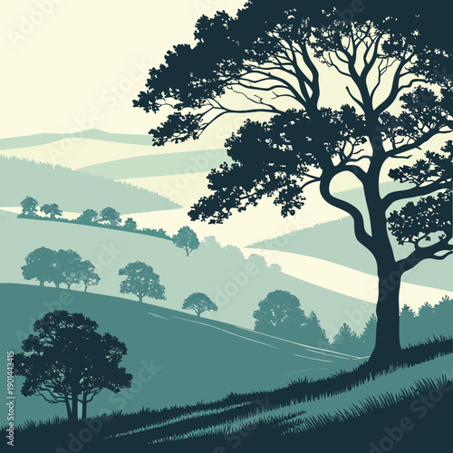 Silhouettes of trees on a rolling hillside at sunset