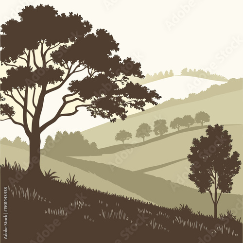 A serene landscape with rolling hills and a solitary tree in the foreground