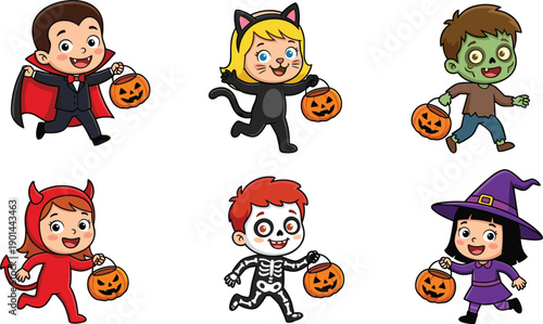 Cute halloween kids costumes trick or treat illustration, cartoon children holding pumpkin buckets, spooky fun characters isolated white background