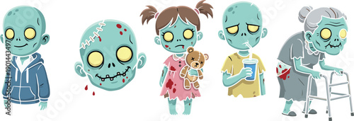 Cute zombie family characters set, cartoon undead kids adults elderly, halloween illustration, spooky yet funny monster collection artwork