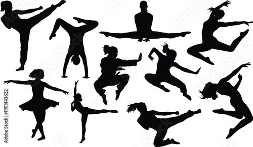 Dance silhouettes, ballet poses, modern dance, expressive motion, artistic lifestyle, graceful figure, performance art, dynamic movement, cultural design, joyful energy