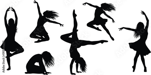 Dance silhouette, female dancer, expressive movement, dynamic pose, flowing hair, artistic performance, rhythm motion, graceful choreography, cultural art, elegant gesture, modern energy