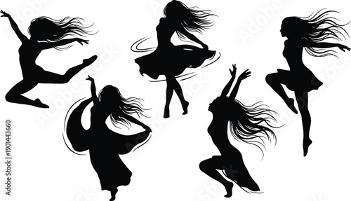 Dance silhouettes, female dancer, graceful motion, expressive pose, artistic lifestyle, dynamic figure, performance art, cultural design, joyful energy, creative concept
