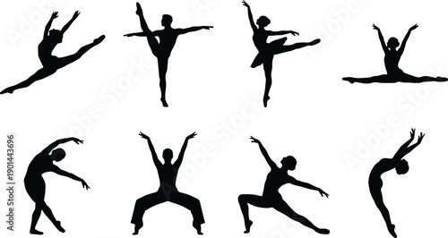 Dance, silhouette, movement, pose, ballet, contemporary, flexibility, grace, balance, black, white, vector, illustration, isolated, expressive, dynamic, female, performance, elegant, artistic, design