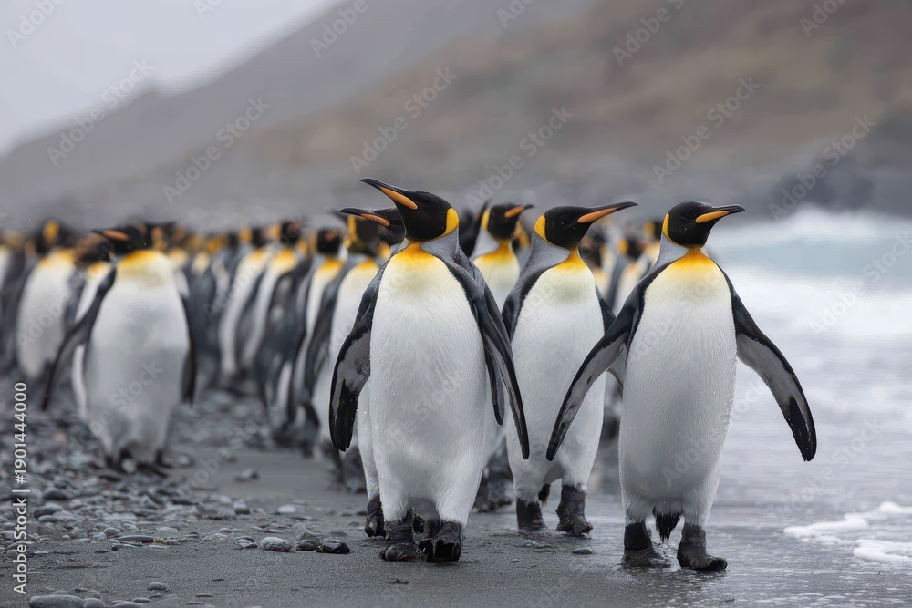 Obraz premium Numerous king penguins walking along the beach at St Andrew, showcasing nature's beauty in a remote coastal setting with rocky terrain and gentle ocean waves