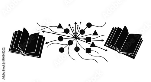 Abstract representation of knowledge spreading from books to a central network and then outwards.