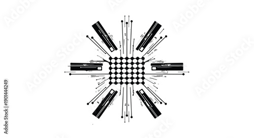 Abstract starburst pattern with radiating lines and arrows from a central grid