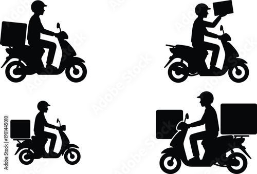 Delivery courier silhouettes, scooter delivery service, food delivery riders, express logistics transport, urban shipping icons, online order concept, fast business