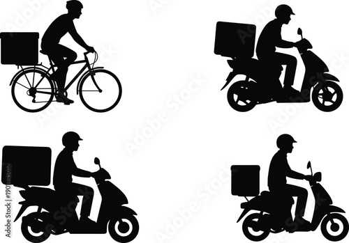Delivery courier silhouettes, scooter delivery riders, bicycle courier service, food delivery logistics, urban transport icons, fast shipping concept, design set