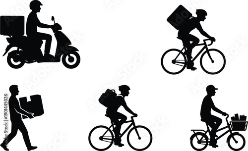 Delivery courier silhouettes, food delivery service, bike courier, scooter delivery, walking courier, logistics transport, urban delivery, black silhouette icons