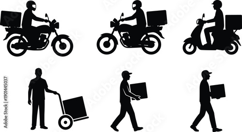 Delivery service silhouette icons, courier on motorcycle, scooter, walking, carrying box, pushing trolley, fast shipping, logistics, transportation