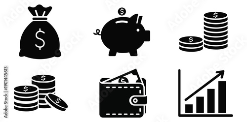 A collection of black and white icons representing various financial concepts and symbols.