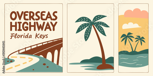Overseas Highway Florida Keys Poster Set – Stylized Bridge Drive, Palm Trees, and Tropical Sunset in Vintage Panels, U.S, USA, US, United States
