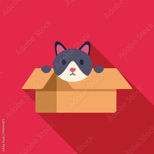 Sad cat head peeking from a carton box on red background
