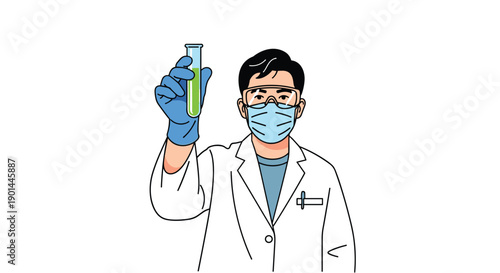 Male scientist in lab coat and gloves holding a green liquid test tube during research, bright setting