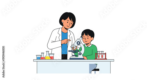Female teacher guiding a young boy with a microscope in a bright laboratory, fostering scientific curiosity and learning