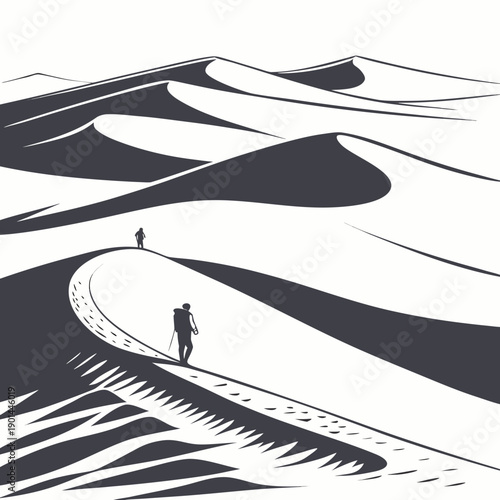 Two figures walking along a winding path on a hillside landscape.