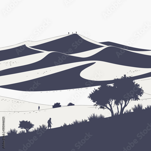 Silhouette of a serene desert landscape with rolling dunes and scattered trees