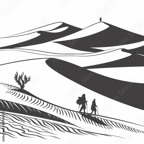 Three adventurers journey through a vast, desolate desert landscape.