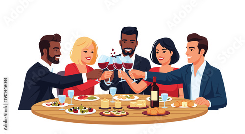 Diverse group of happy friends toasting with red wine glasses during a festive dinner party celebration, elegant setting