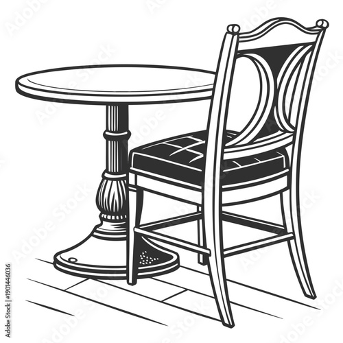 A vintage wooden table and chair set in a minimalist black and white illustration
