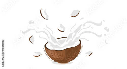 Dynamic splash of fresh white coconut milk bursting from a cracked coconut with scattered pieces, vibrant and natural