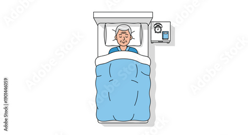 Peaceful elderly man sleeping comfortably in a soft bed, with an alarm clock visible on the nightstand, calm rest