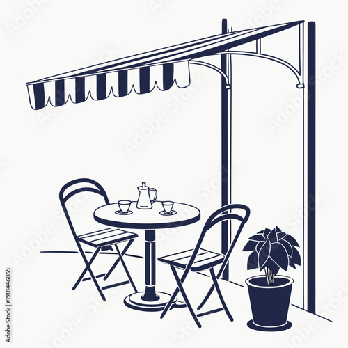 A cozy outdoor patio setup with a table, chairs, and a striped canopy.