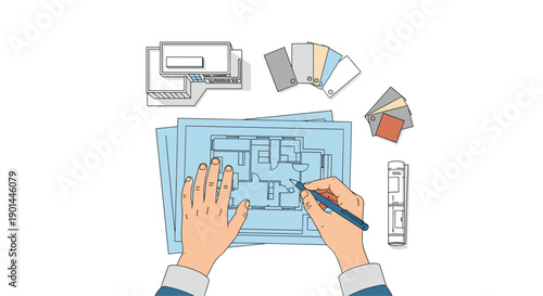 Architect's hands meticulously drawing building plans on a blueprint, surrounded by color swatches and design tools,