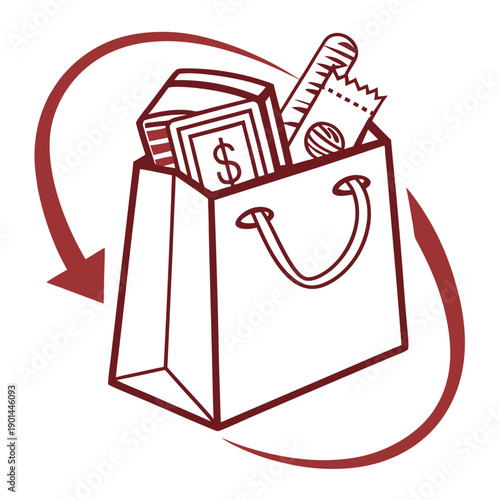 A shopping bag filled with money and a receipt, symbolizing expenses and purchases