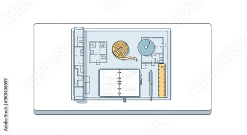 Overhead view of architectural blueprint with measuring tape, ruler, notebook, and pen, organized design tools