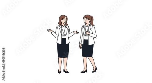 Two professional businesswomen dressed in smart casual attire, engaged in an animated discussion, collaborative